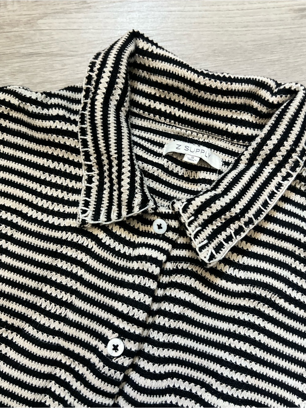 Z SUPPLY Monaco Crochet Button Up Black and Cream Striped Short-Sleeve Small - Picture 8 of 16